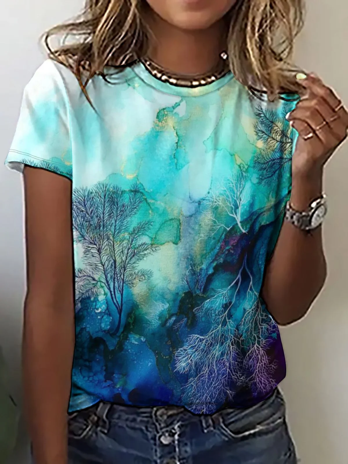 Women's Casual Abstract Ocean Print T-Shirt