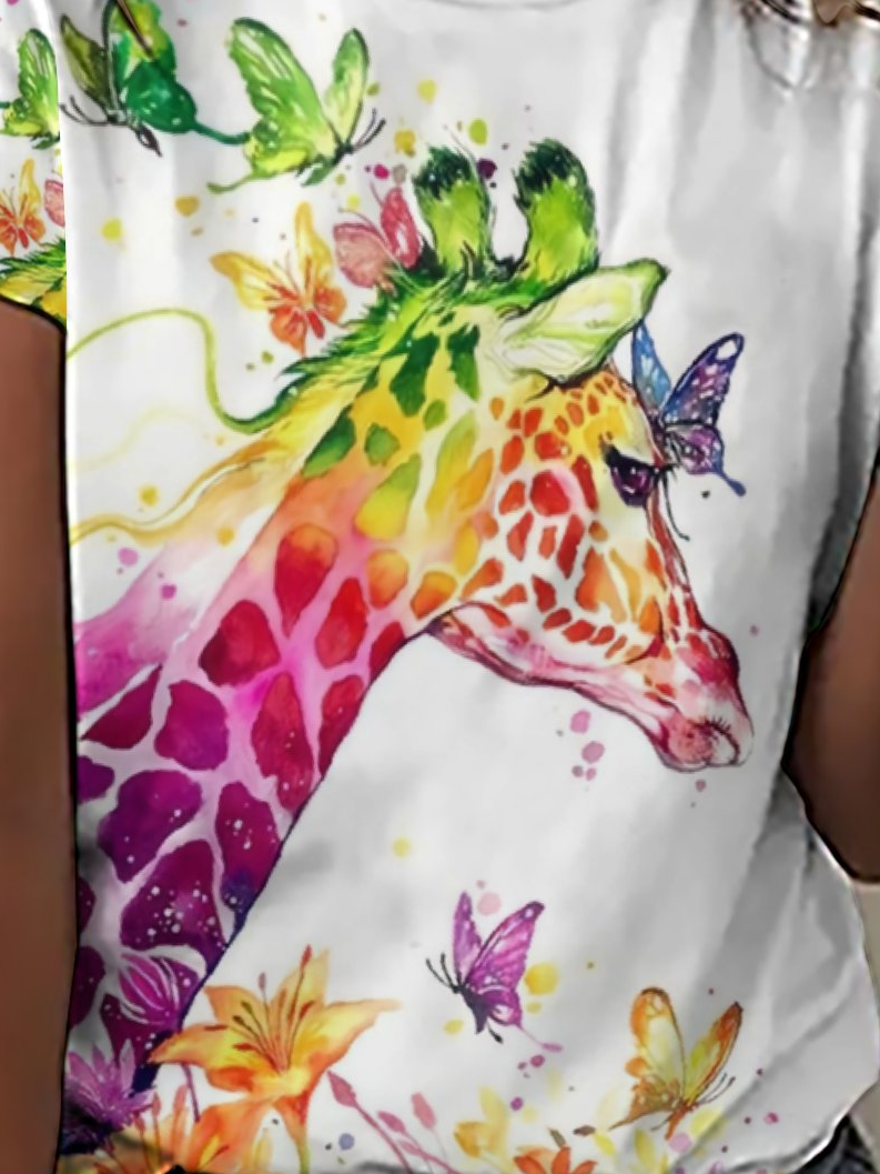 Women‘s Butterfly Giraffe Art Print Crew Neck Casual T-Shirt