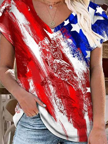 Women's Casual America Flag Print V Neck T-Shirt