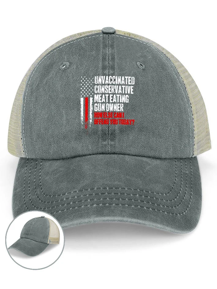 Mens Unvaccinated Conservative Meat Eating Gun funny Washed Mesh-back Baseball Cap