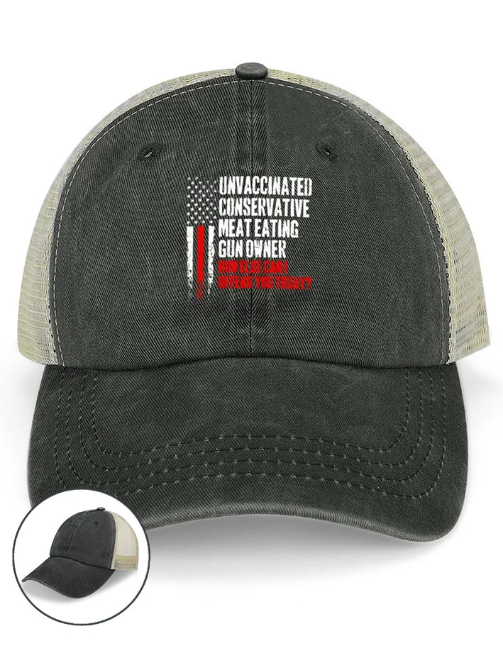 Mens Unvaccinated Conservative Meat Eating Gun funny Washed Mesh-back Baseball Cap