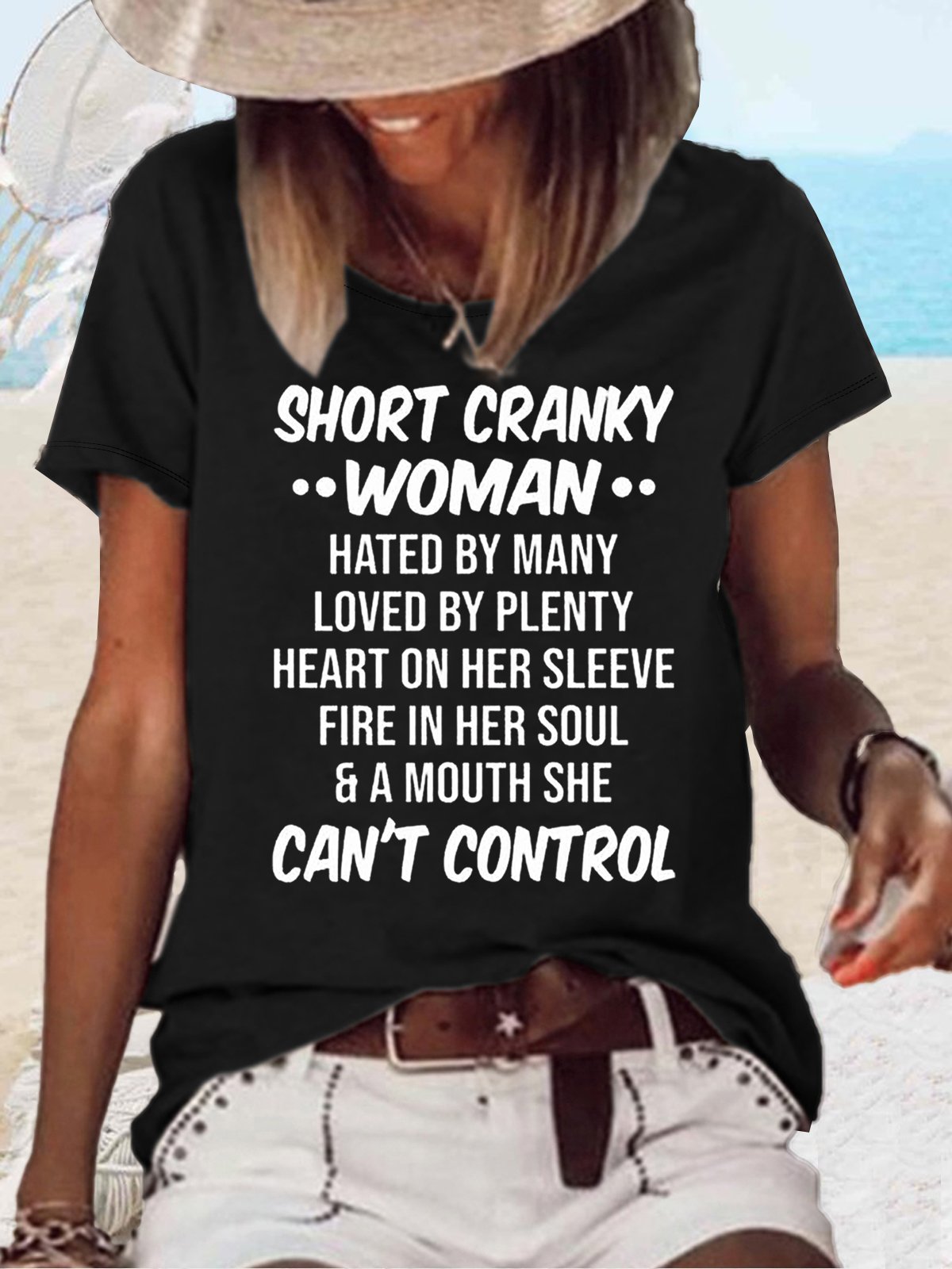 Womens Funny Short Cranky Woman Letters Casual Crew Neck T-Shirt