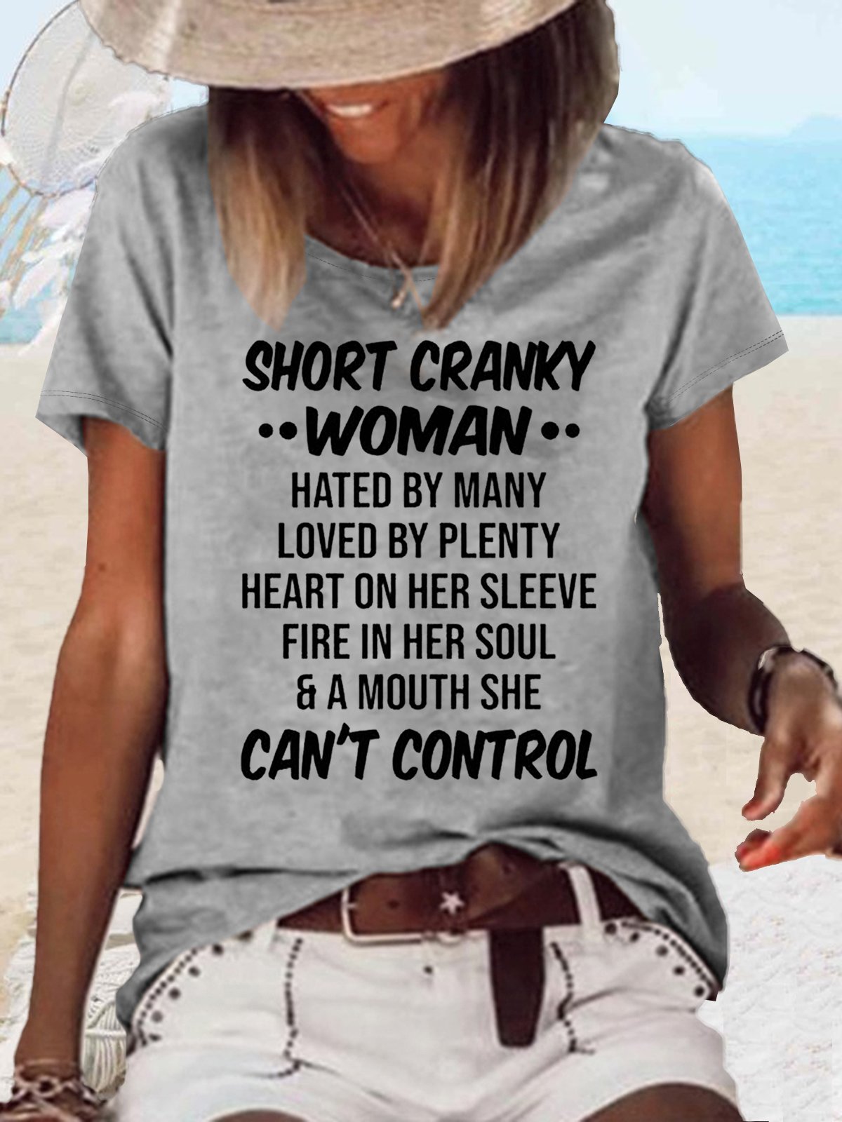 Womens Funny Short Cranky Woman Letters Casual Crew Neck T-Shirt