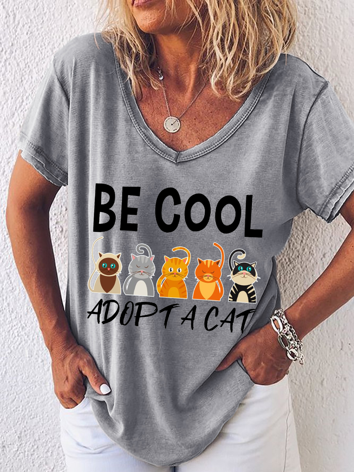 Women's Cat Lover Cat Adoption Loose Simple V Neck T-Shirt