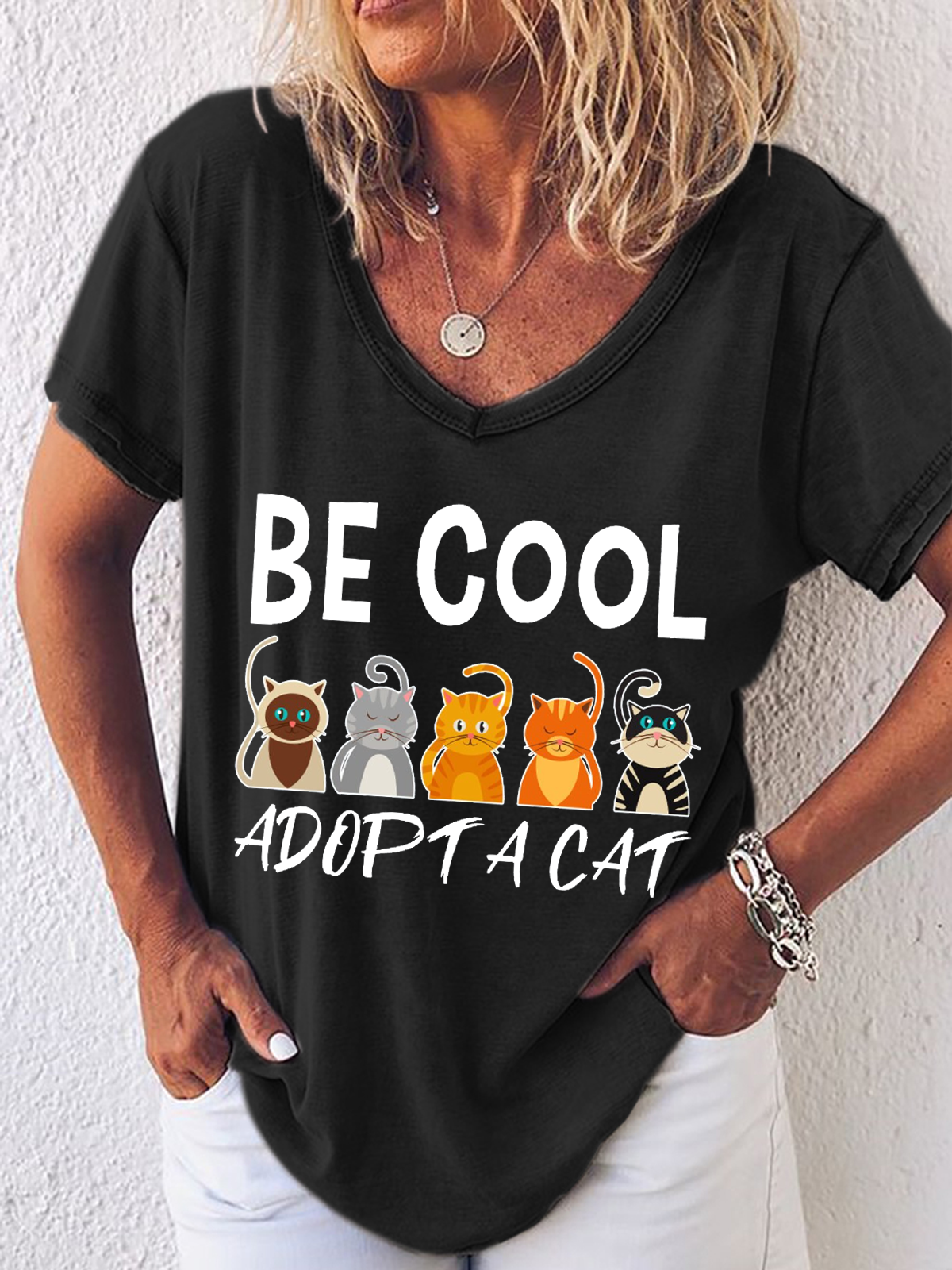 Women's Cat Lover Cat Adoption Loose Simple V Neck T-Shirt