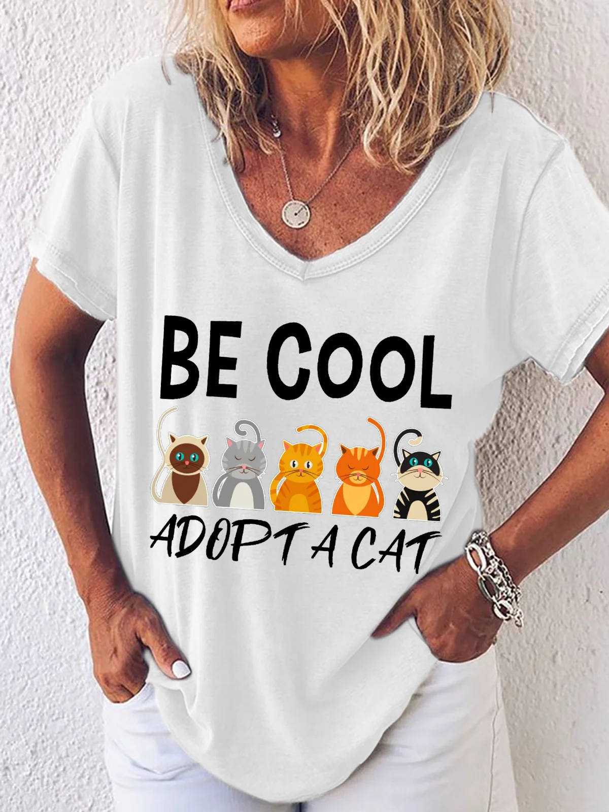 Women's Cat Lover Cat Adoption Loose Simple V Neck T-Shirt