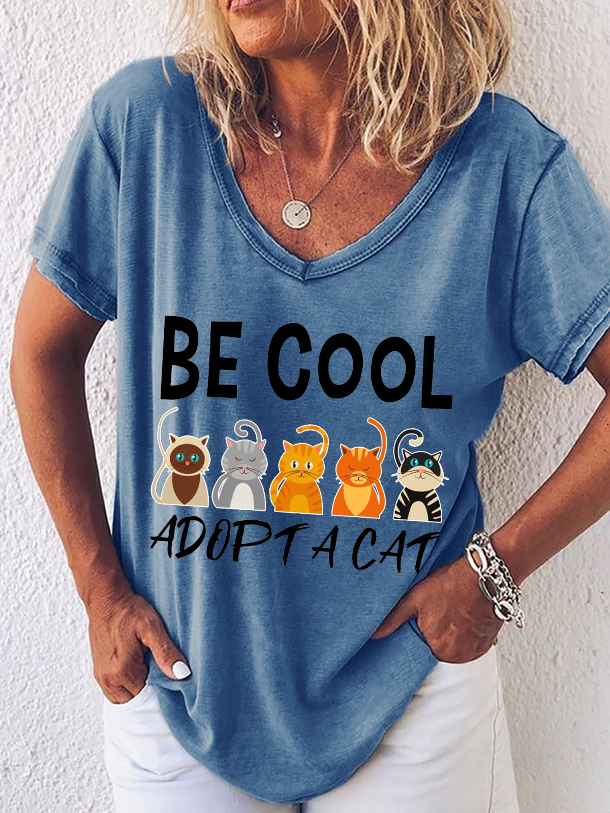 Women's Cat Lover Cat Adoption Loose Simple V Neck T-Shirt