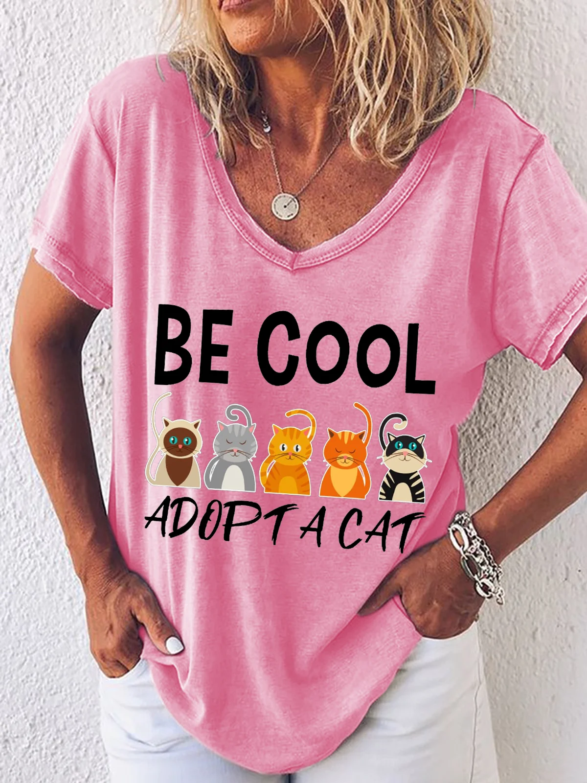 Women's Cat Lover Cat Adoption Loose Simple V Neck T-Shirt