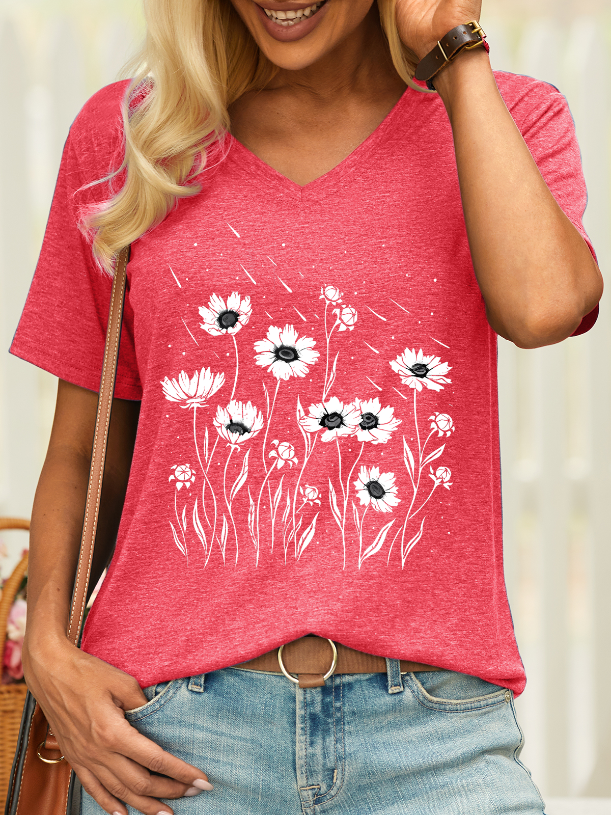 Women’s Flower Meteor Shower Cotton Casual V Neck T-Shirt