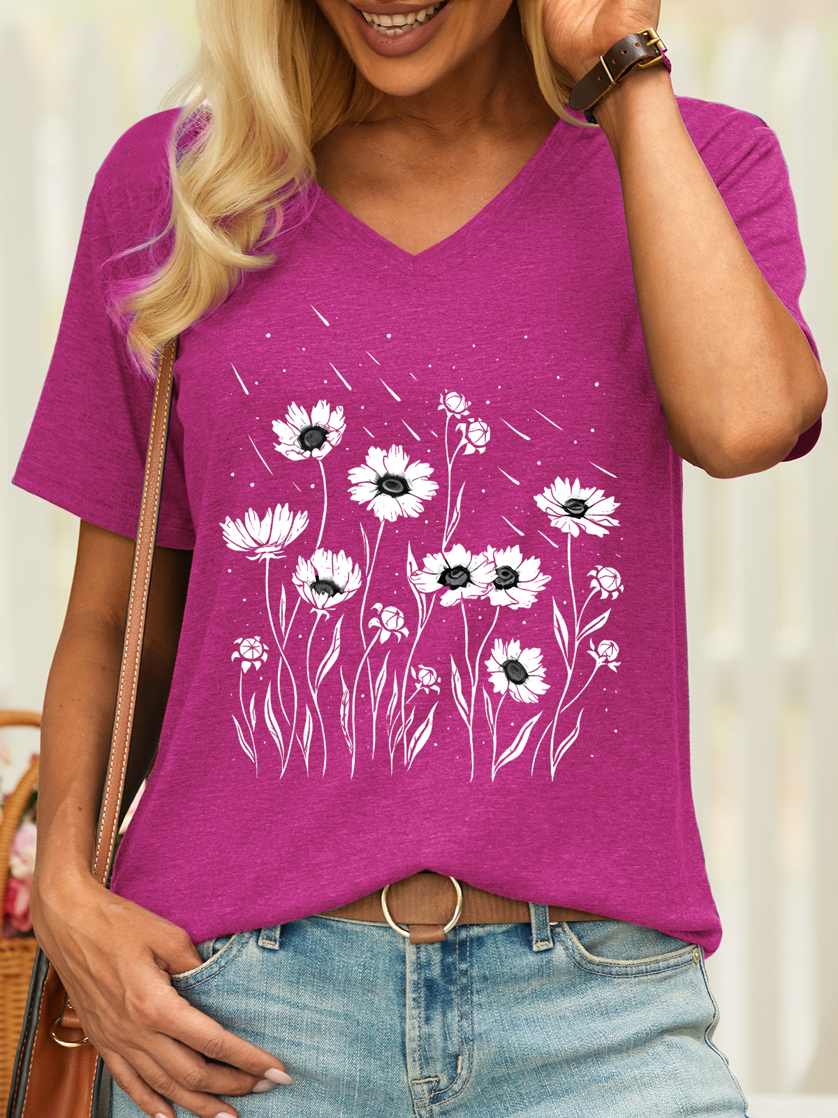 Women’s Flower Meteor Shower Cotton Casual V Neck T-Shirt