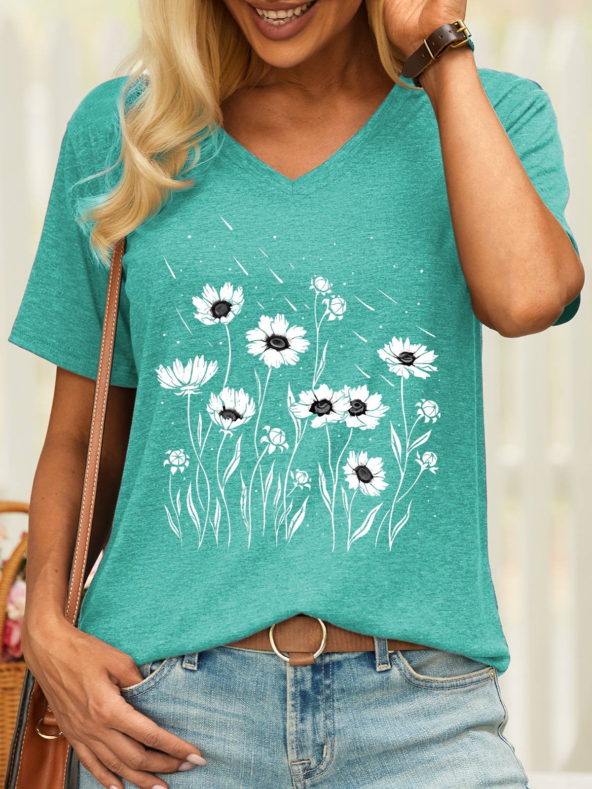 Women’s Flower Meteor Shower Cotton Casual V Neck T-Shirt