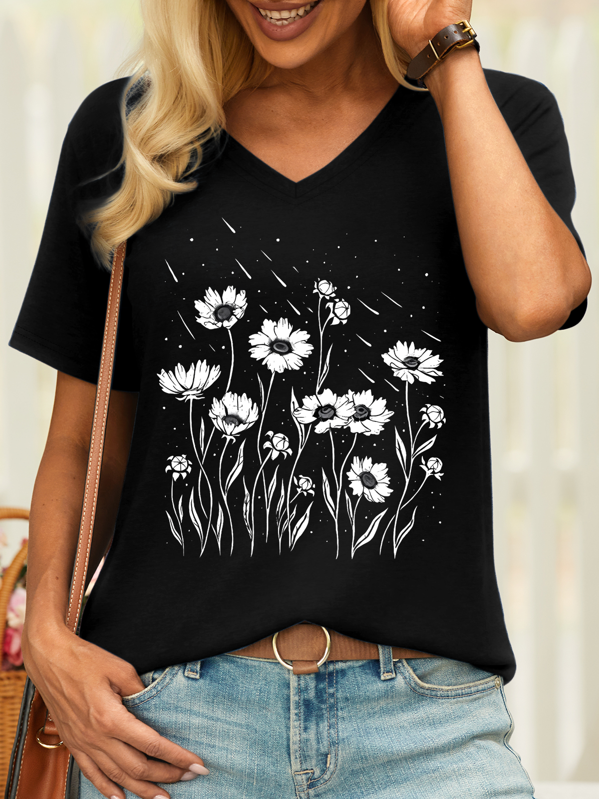 Women’s Flower Meteor Shower Cotton Casual V Neck T-Shirt