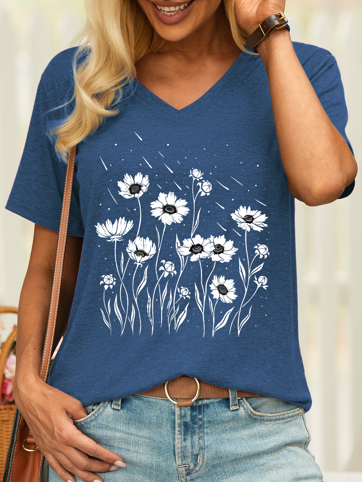 Women’s Flower Meteor Shower Cotton Casual V Neck T-Shirt