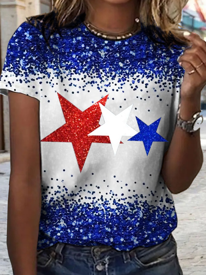 Women's Star Glitter Independence Day Crew Neck Loose T-Shirt
