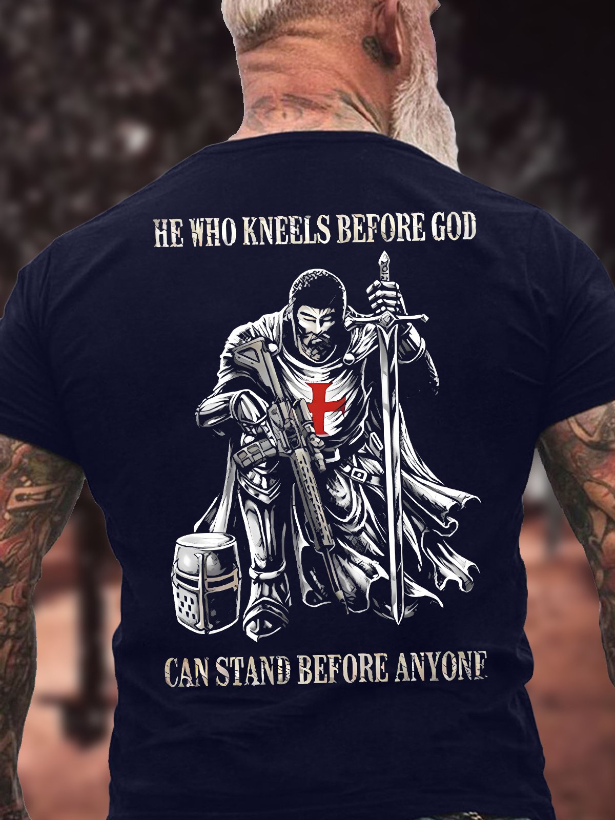 Men's He Who Kneels Before God Can Stand Before Anyone Funny Graphic Printing Loose Cotton Casual Text Letters T-Shirt