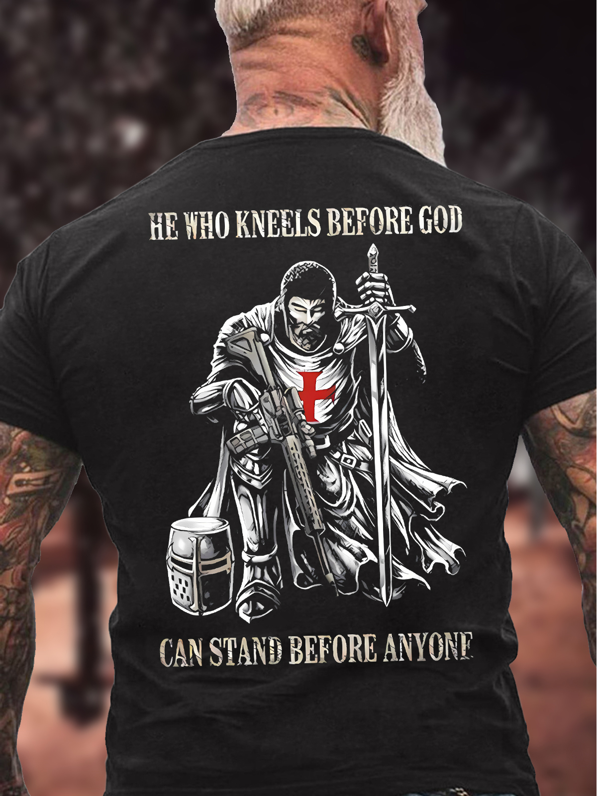 Men's He Who Kneels Before God Can Stand Before Anyone Funny Graphic Printing Loose Cotton Casual Text Letters T-Shirt