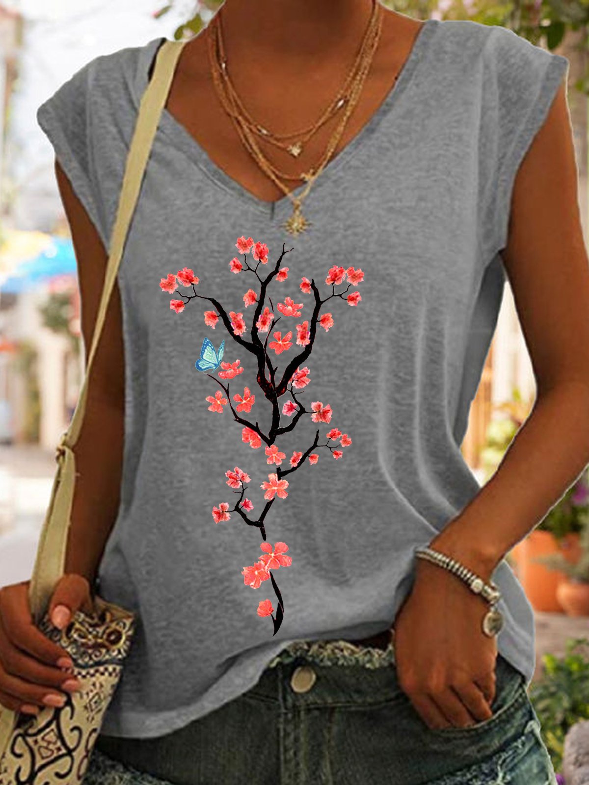 Women's Beautiful Blossom Print Casual V Neck Cotton-Blend Tank Top