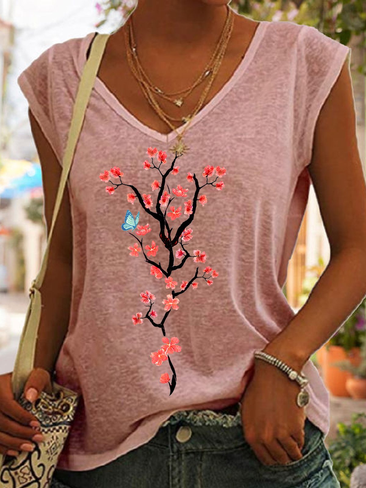 Women's Beautiful Blossom Print Casual V Neck Cotton-Blend Tank Top