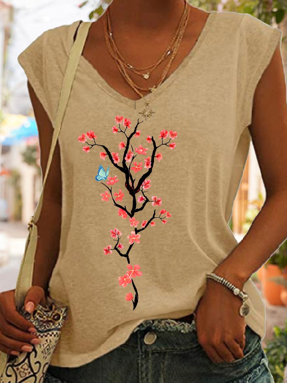 Women's Beautiful Blossom Print Casual V Neck Cotton-Blend Tank Top