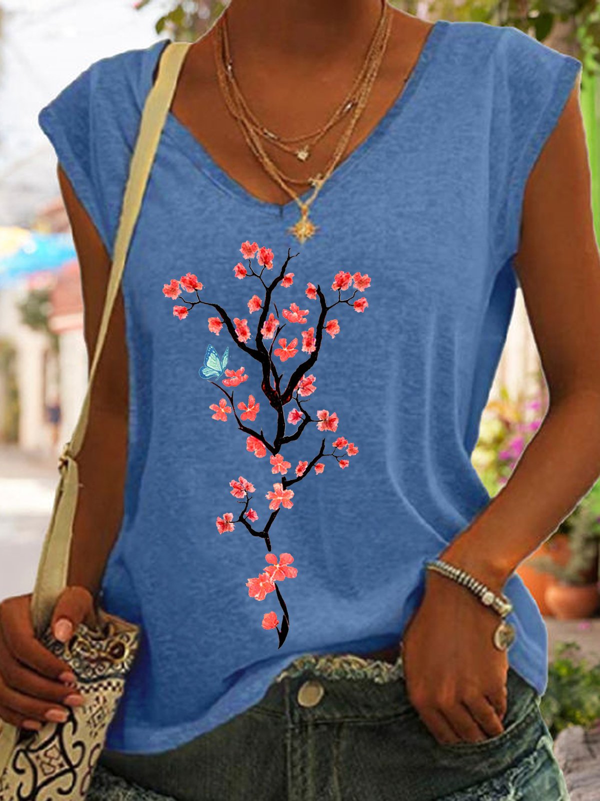 Women's Beautiful Blossom Print Casual V Neck Cotton-Blend Tank Top