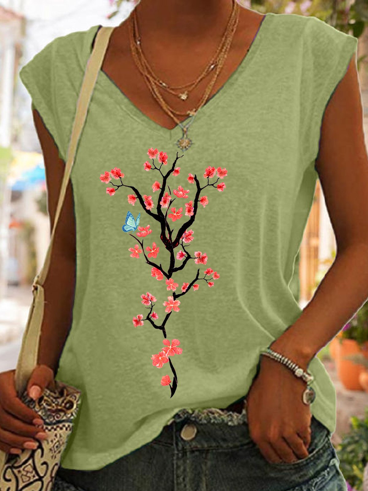 Women's Beautiful Blossom Print Casual V Neck Cotton-Blend Tank Top