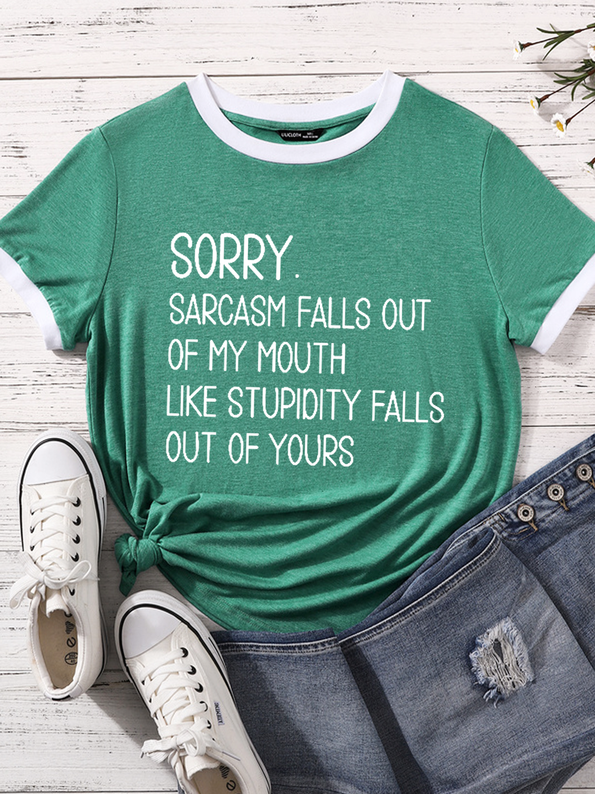 Women's Sorry Sarcasm Falls Out Of My Mouth Like Stupidity Falls Out Of Yours Casual Color Block T-Shirt