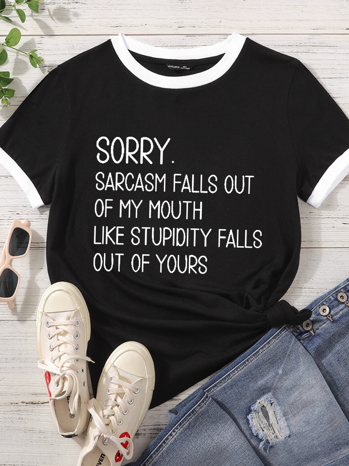 Women's Sorry Sarcasm Falls Out Of My Mouth Like Stupidity Falls Out Of Yours Casual Color Block T-Shirt