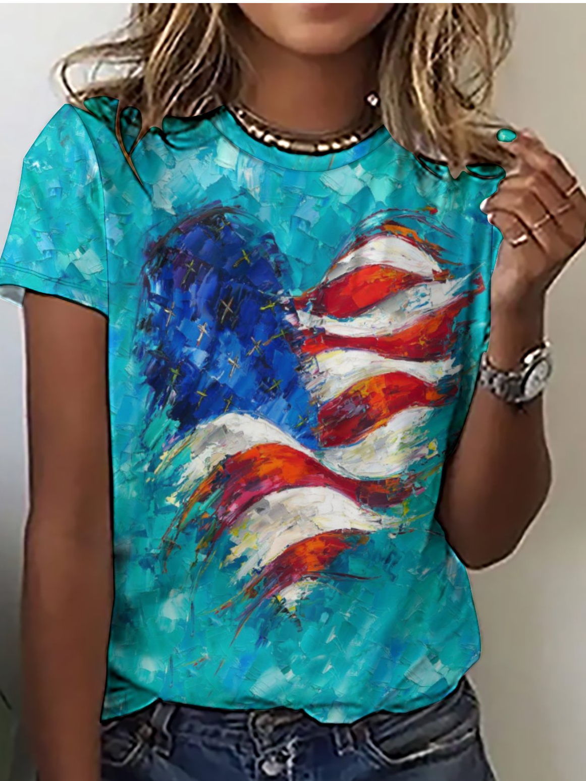 Women's Heart of America Flag Print Casual Regular Fit T-Shirt