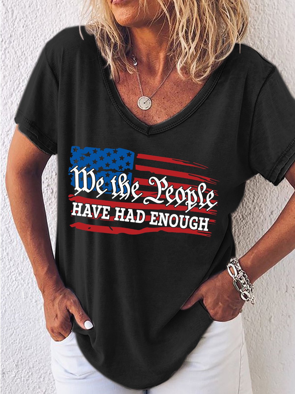 Women's American Flag Quote  Patriotic Crew Neck Casual T-Shirt