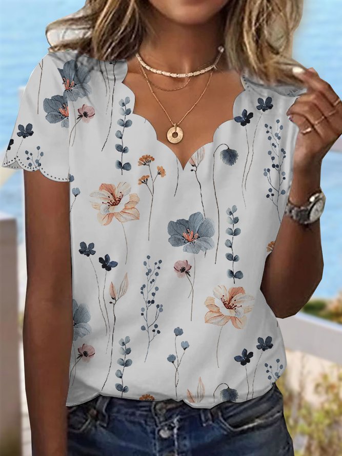 Summer Dessert Shell Neck Floral Design T-Shirt