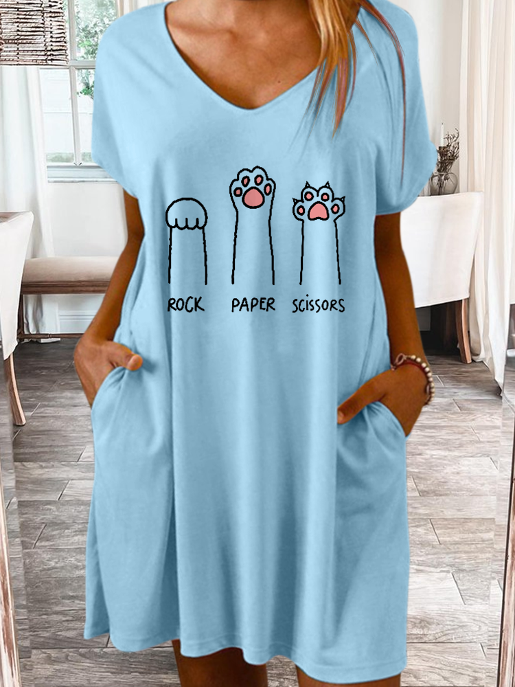 Women's Cute Cat Rock Paper Scissors Simple Casual Loose Dress