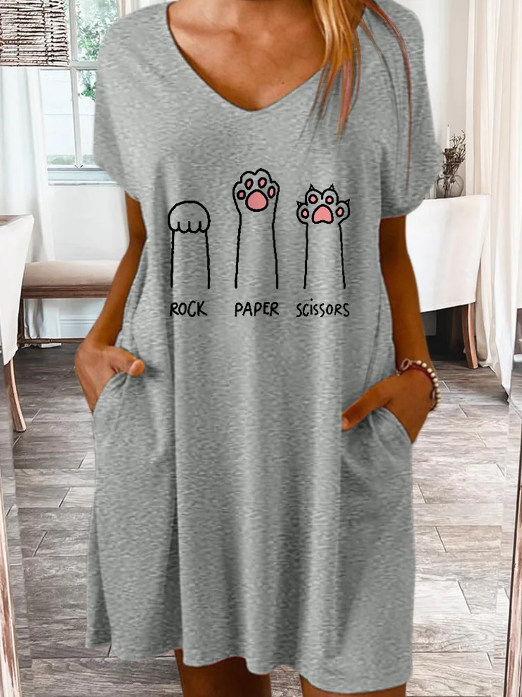 Women's Cute Cat Rock Paper Scissors Simple Casual Loose Dress