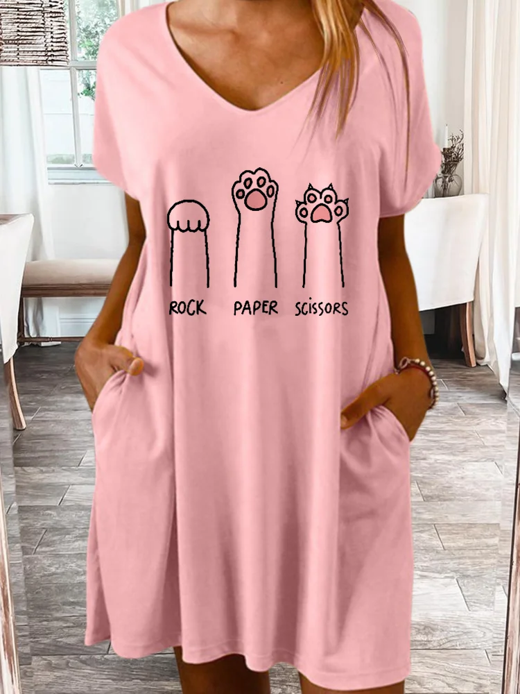 Women's Cute Cat Rock Paper Scissors Simple Casual Loose Dress