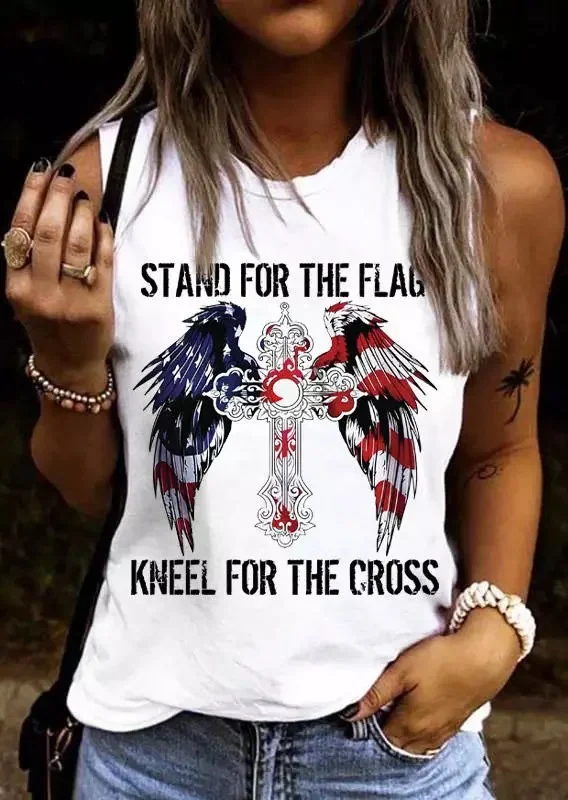 Women‘s Stand For The Flag Kneel For The Cross Crew Neck Casual Tank Top