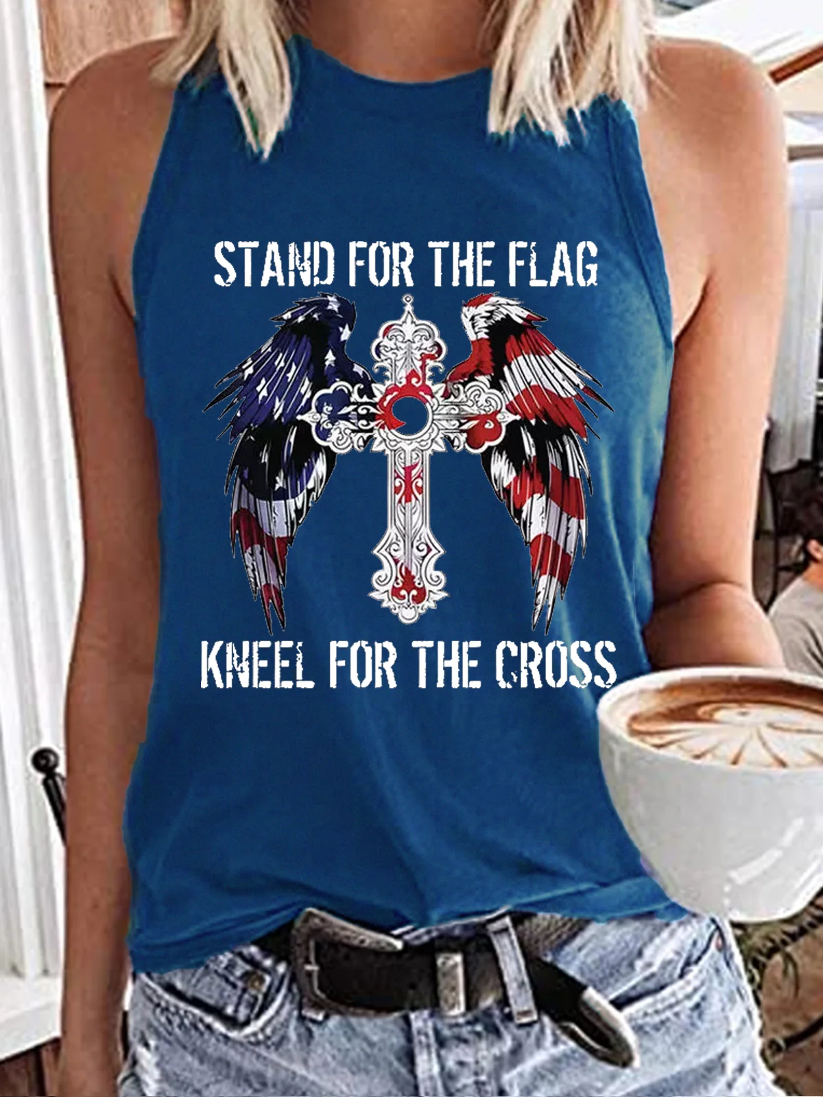 Women‘s Stand For The Flag Kneel For The Cross Crew Neck Casual Tank Top