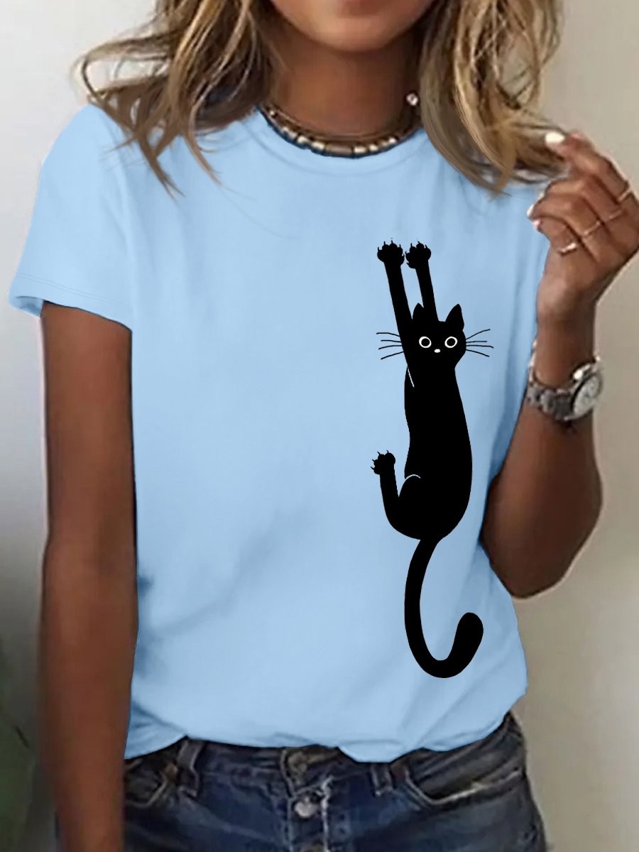 Women's Black Cat Holding On Print Casual T-Shirt