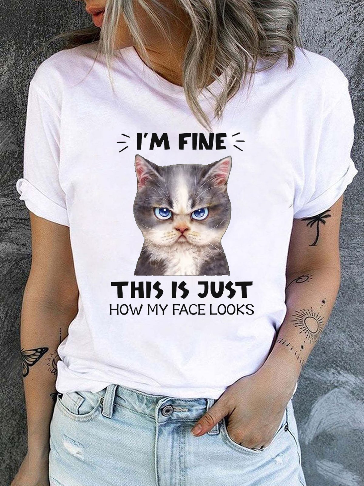 Women's Casual Cotton I’m fine This Is Just How My Face Looks Grumpy Kitty Cat Funny Cat T-Shirt