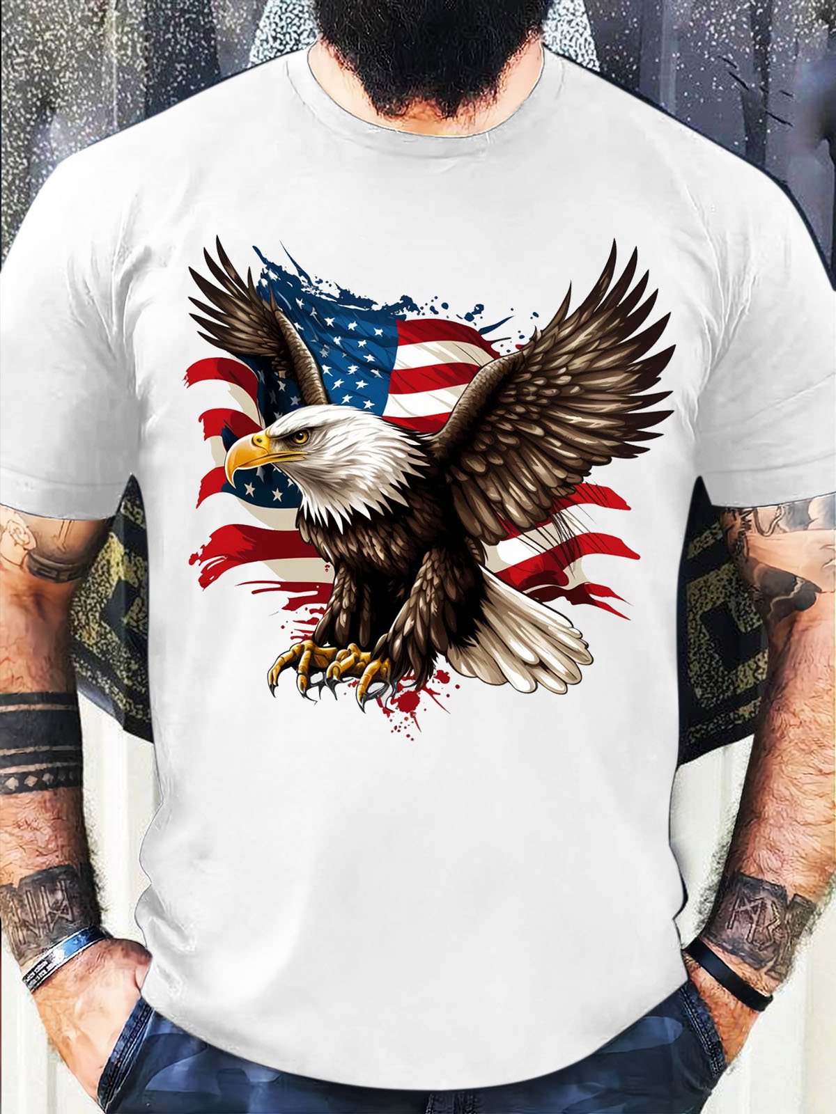 Men's Casual Eagle Old Glory Funny Graphic Printing 4th Of July Independence Day Cotton Loose T-Shirt