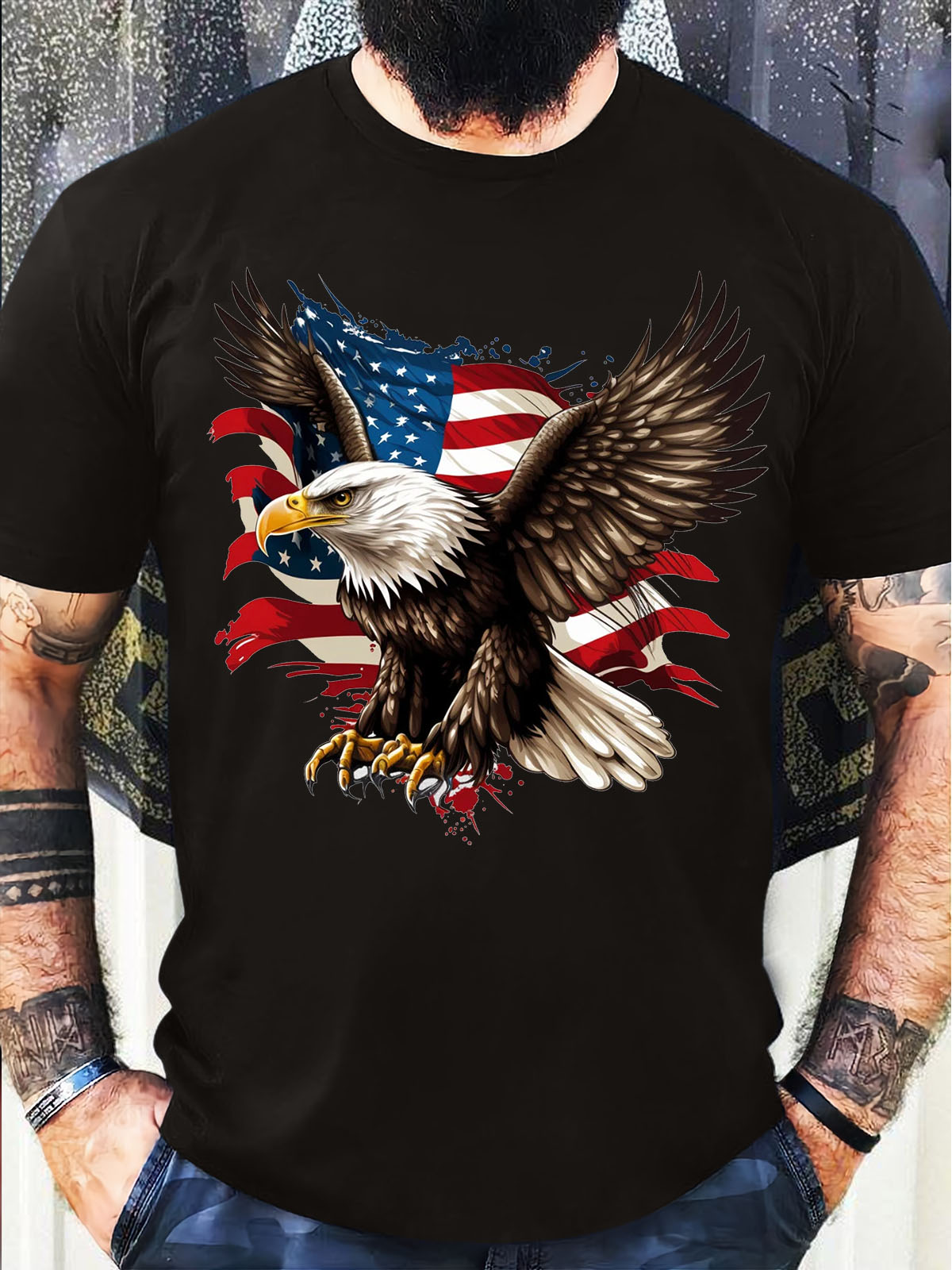 Men's Casual Eagle Old Glory Funny Graphic Printing 4th Of July Independence Day Cotton Loose T-Shirt