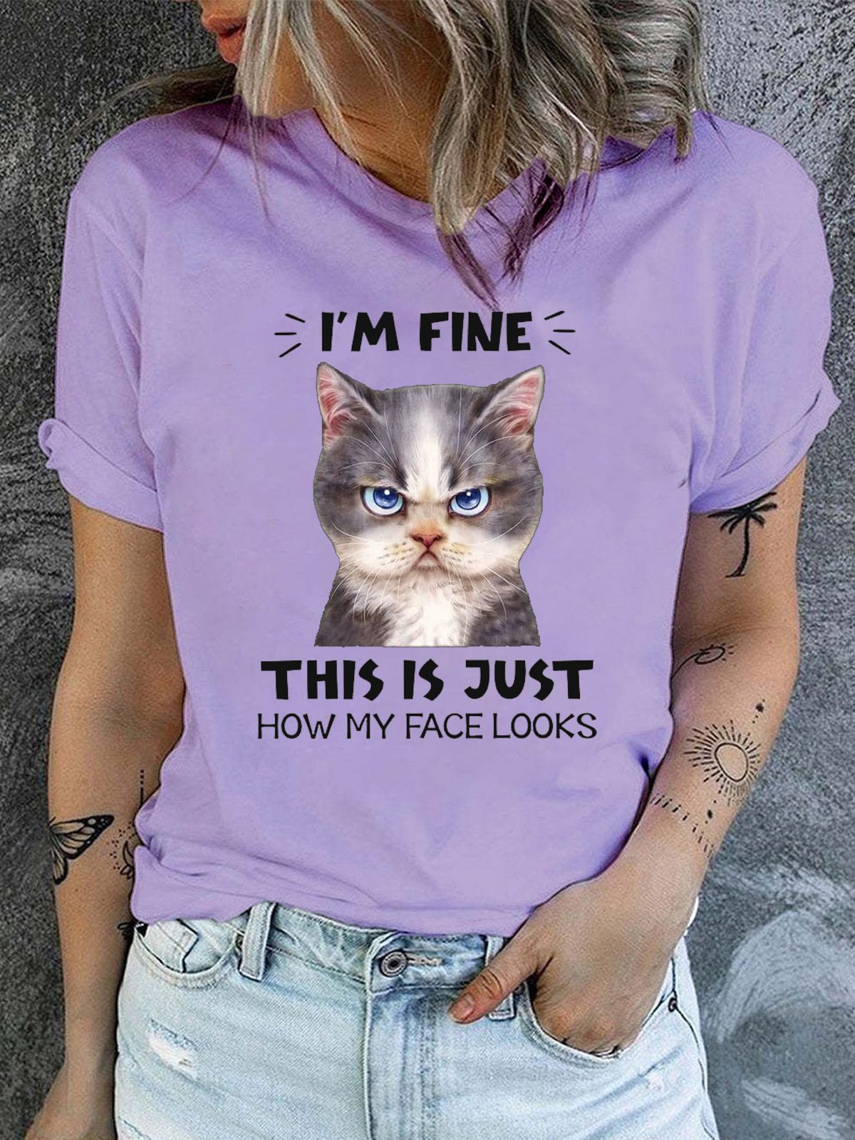 Women's Casual Cotton I’m fine This Is Just How My Face Looks Grumpy Kitty Cat Funny Cat T-Shirt