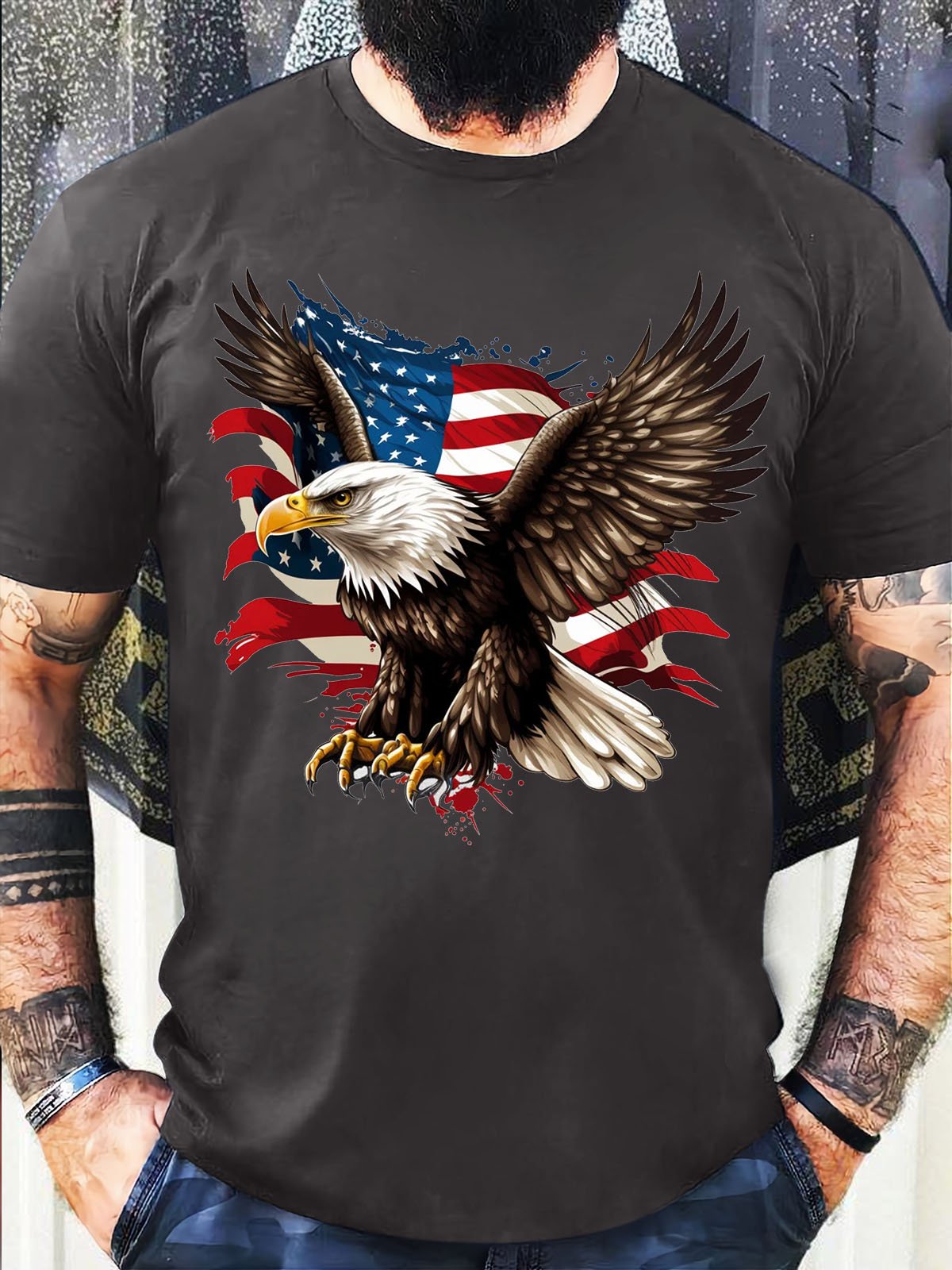 Men's Casual Eagle Old Glory Funny Graphic Printing 4th Of July Independence Day Cotton Loose T-Shirt