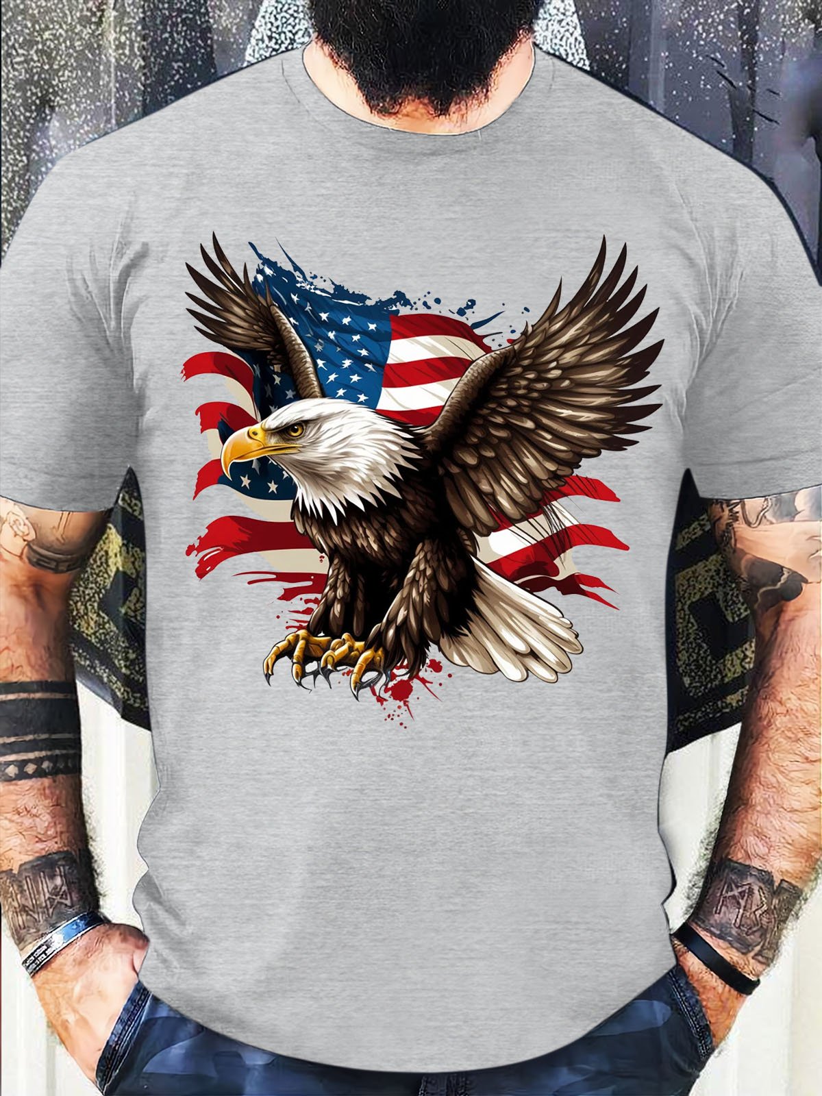 Men's Casual Eagle Old Glory Funny Graphic Printing 4th Of July Independence Day Cotton Loose T-Shirt