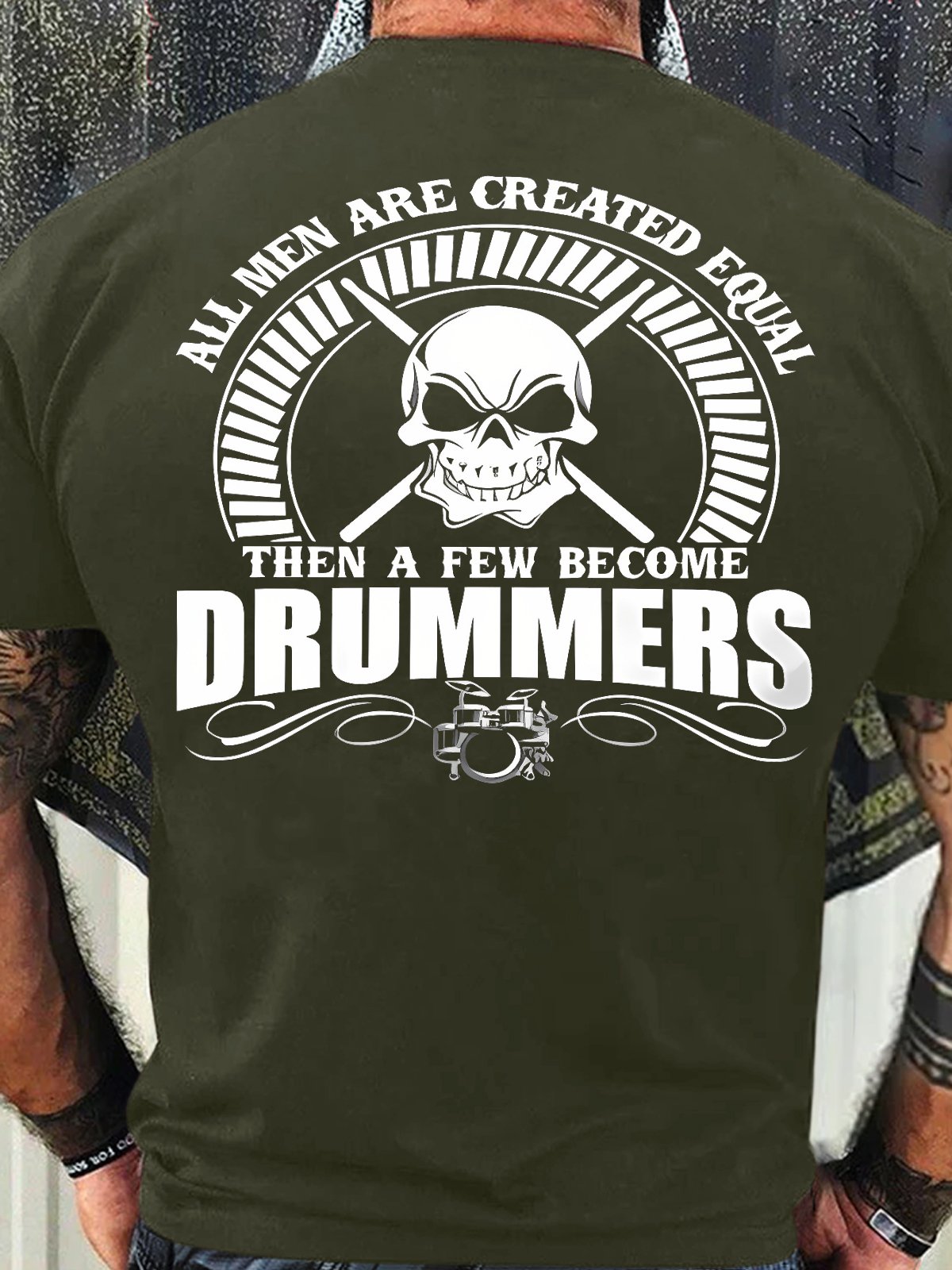 Men's Funny All Man Are Created Equal Drummers Skull Graphic Printing Cotton Crew Neck Casual Loose T-Shirt