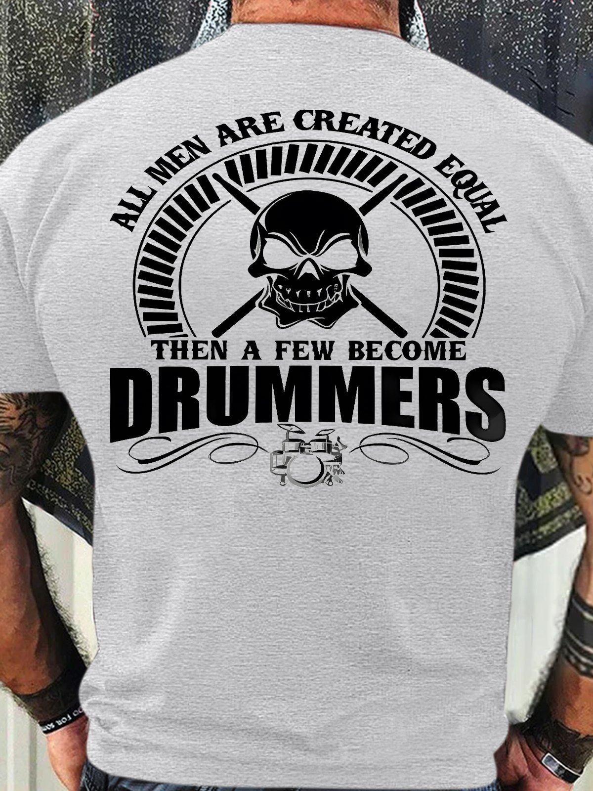 Men's Funny All Man Are Created Equal Drummers Skull Graphic Printing Cotton Crew Neck Casual Loose T-Shirt