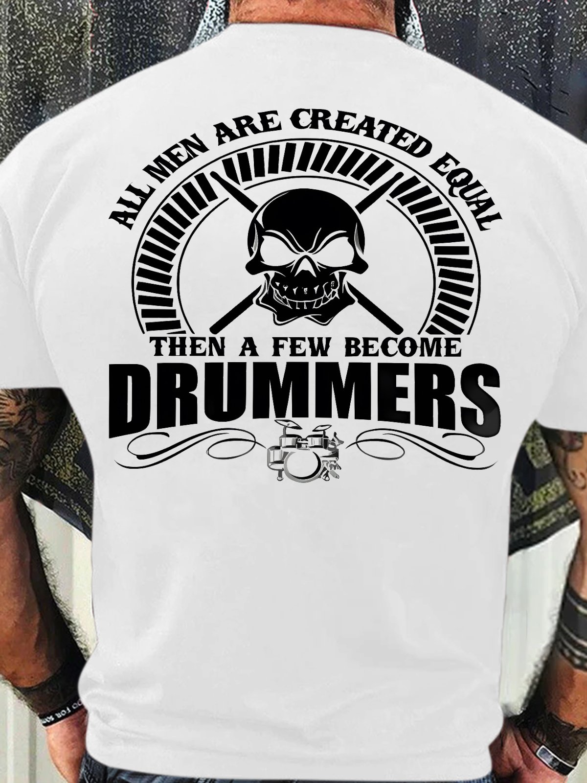 Men's Funny All Man Are Created Equal Drummers Skull Graphic Printing Cotton Crew Neck Casual Loose T-Shirt