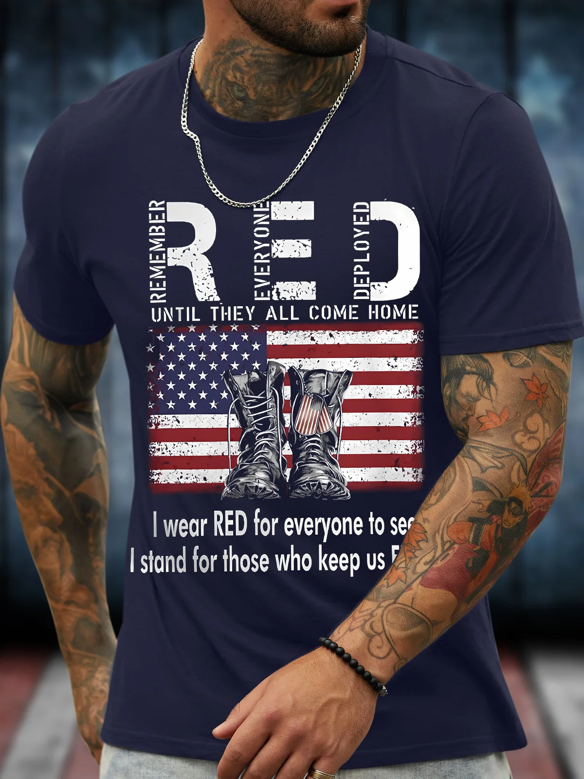 Men's Funny Red Remamber Everyone Deployed Until They All Come Home I Wear Res For Everyone To See I Stand For Those Who Keep Us Free Graphic Printing Loose Casual Cotton Crew Neck T-Shirt