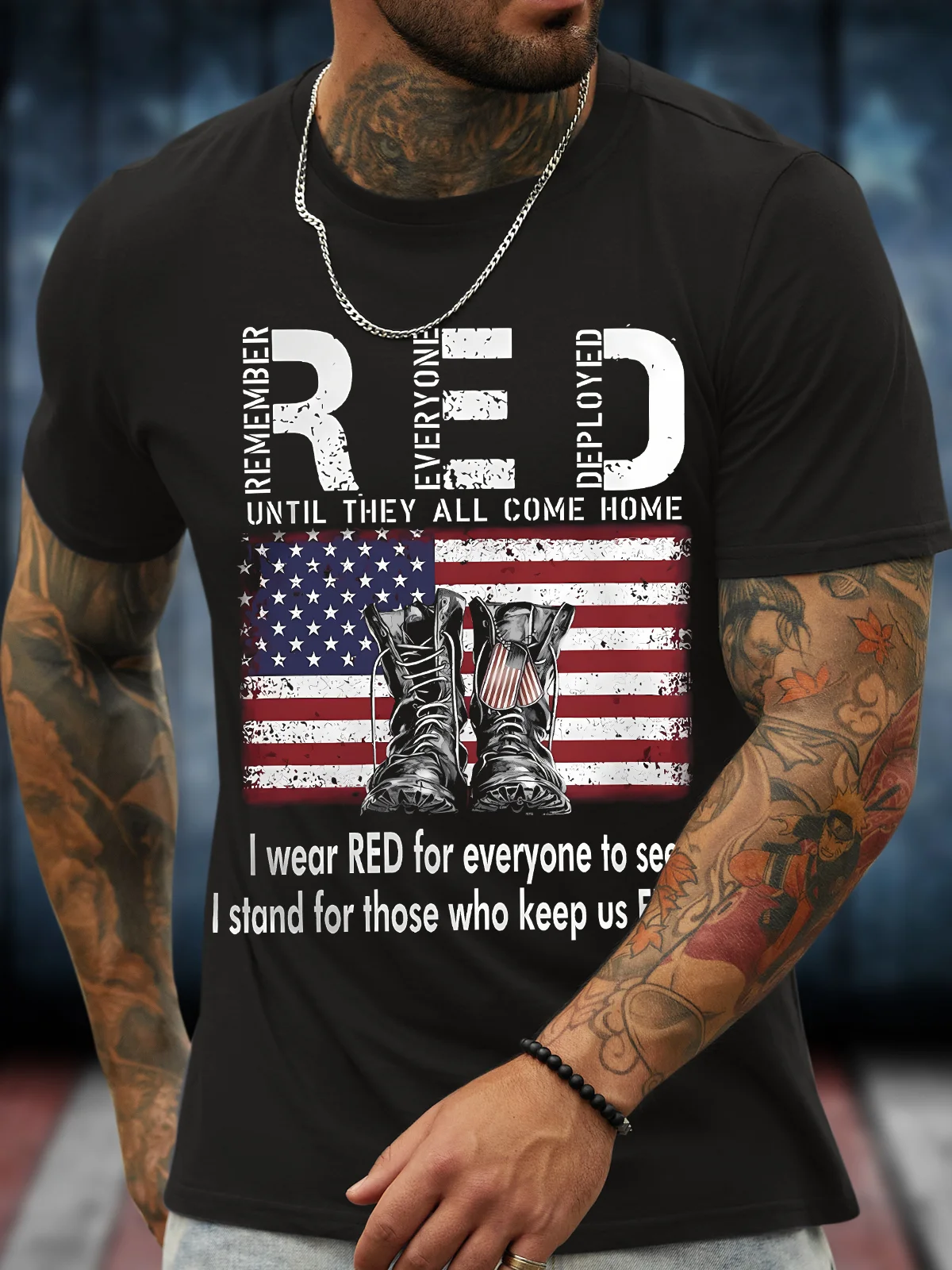 Men's Funny Red Remamber Everyone Deployed Until They All Come Home I Wear Res For Everyone To See I Stand For Those Who Keep Us Free Graphic Printing Loose Casual Cotton Crew Neck T-Shirt