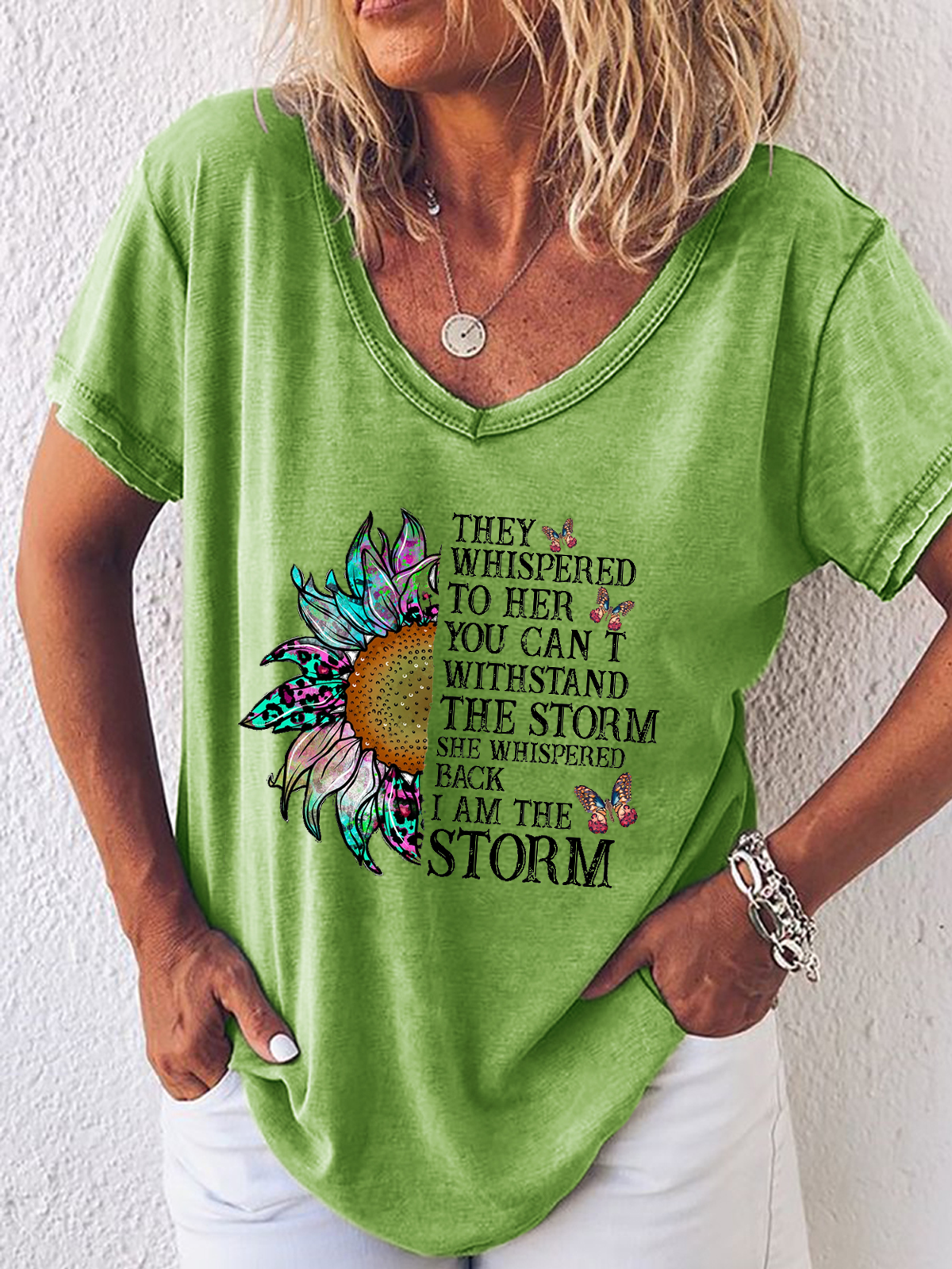 Women's They Whispered To Her You Cannot Withstand The Storm Loose Simple Butterfly V Neck T-Shirt