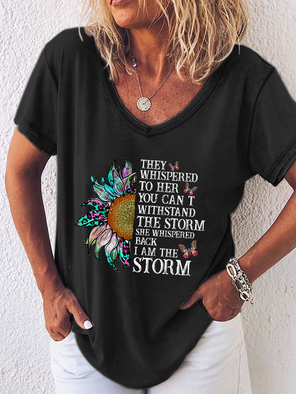 Women's They Whispered To Her You Cannot Withstand The Storm Loose Simple Butterfly V Neck T-Shirt