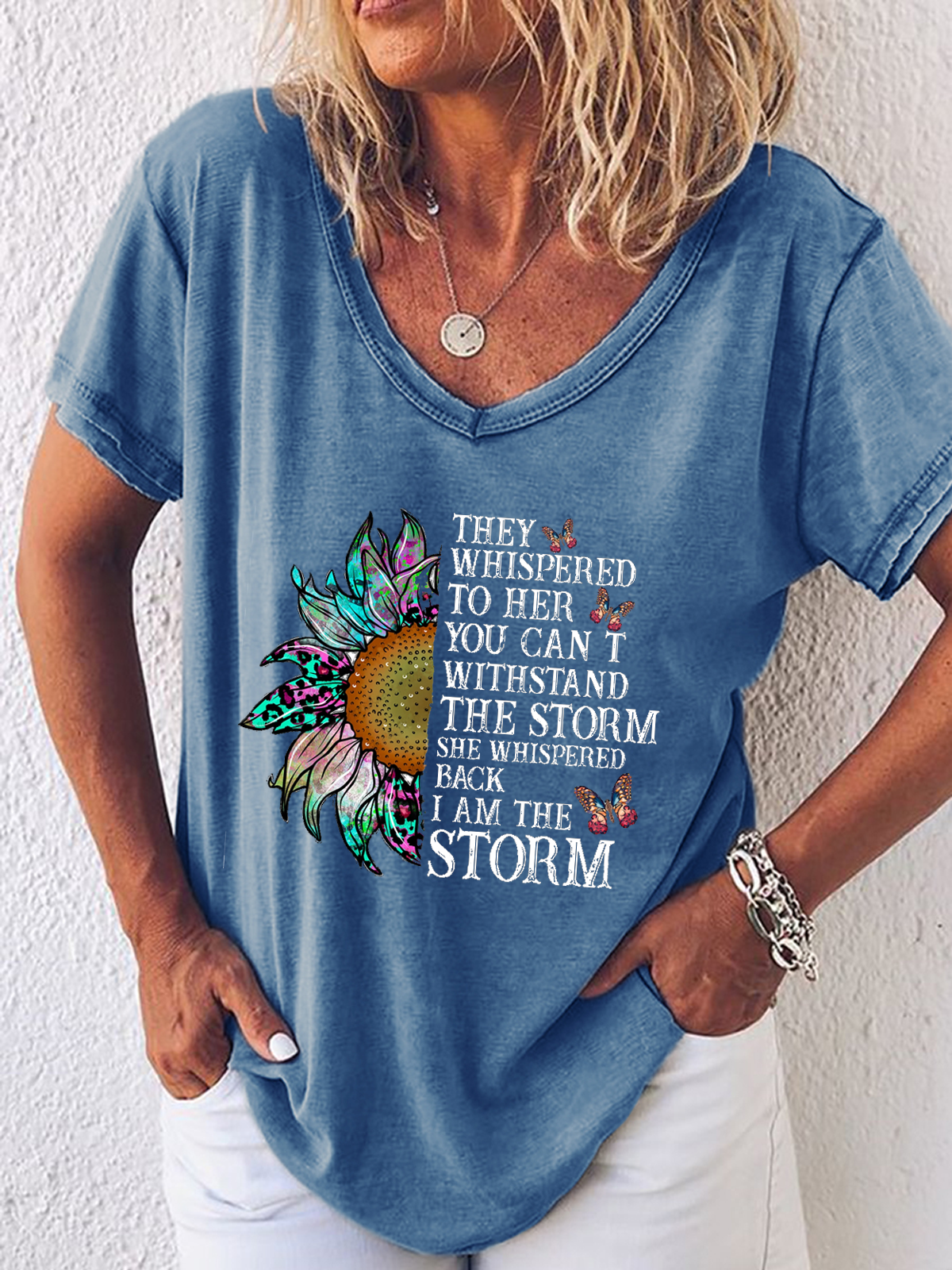 Women's They Whispered To Her You Cannot Withstand The Storm Loose Simple Butterfly V Neck T-Shirt